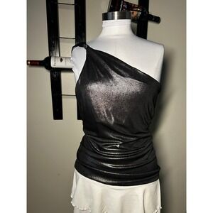 Vintage Cache Womens One Shoulder Metallic Shimmer Ruched Top Black Silver Large